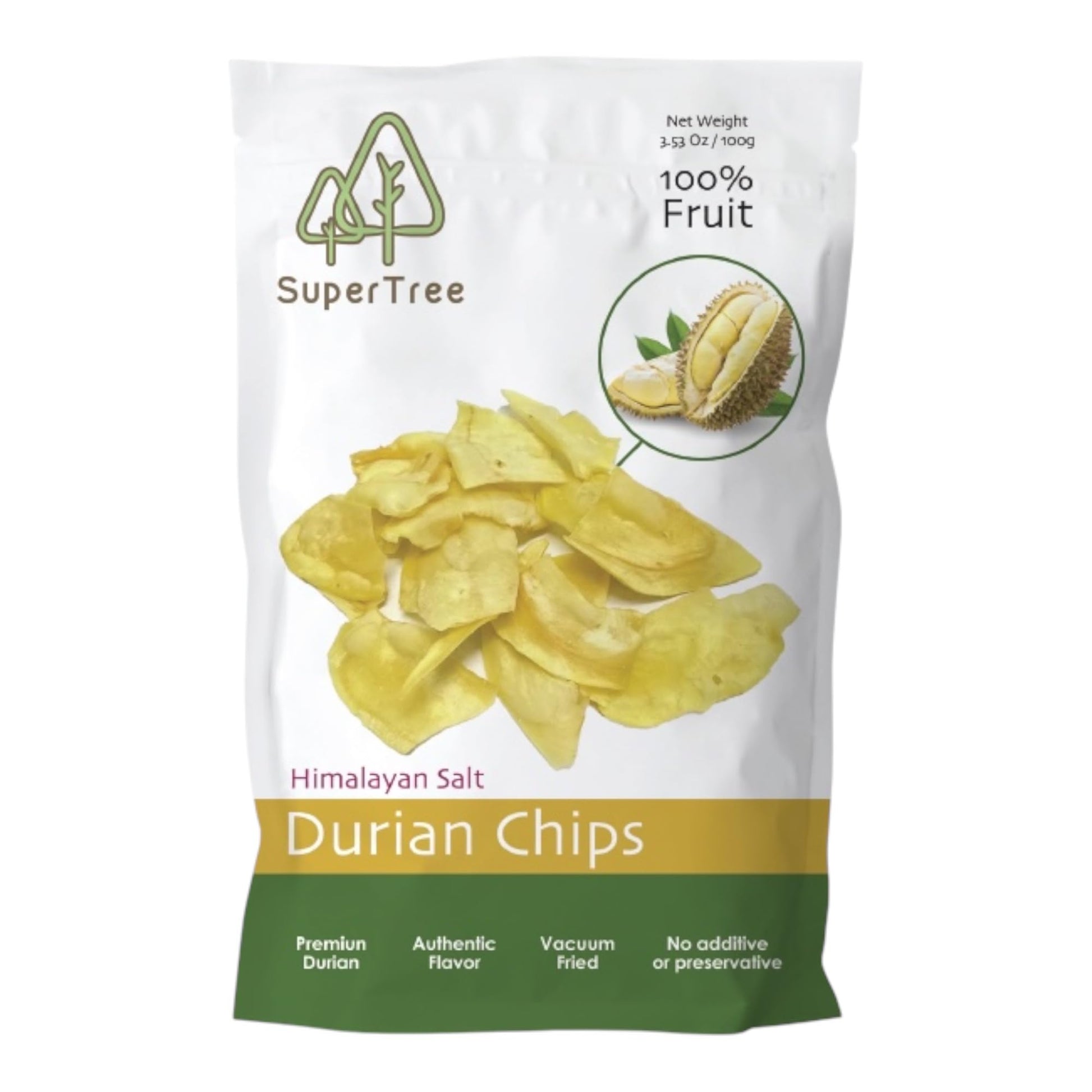 SuperTree Premium Durian Chips, Vacuum Fried, 100% Fruit Snacks, 3.53Oz (100g) Bag, No Additives, Authentic Flavor, Crunchy Texture