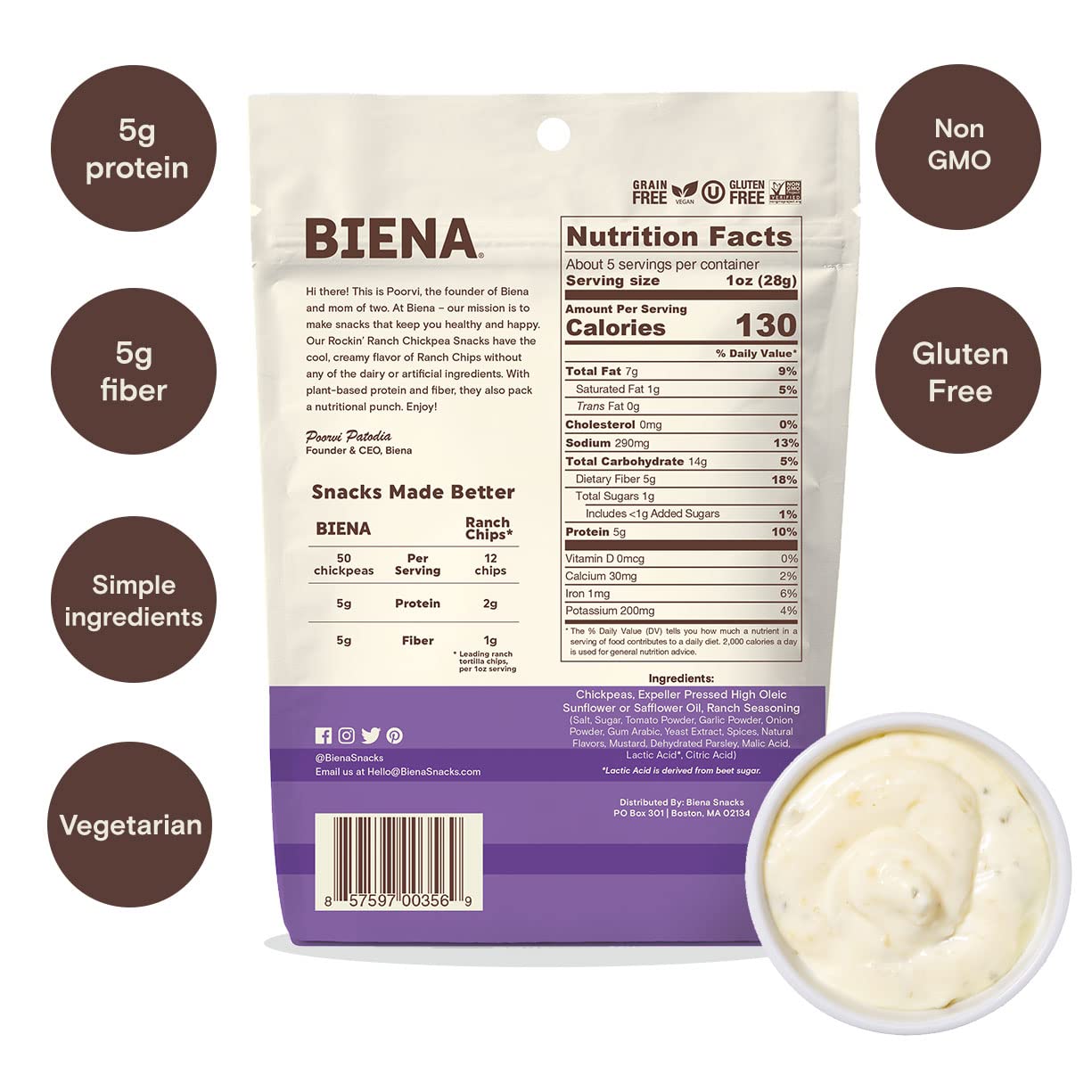 Biena Crispy Roasted Chickpea Snacks, Rockin Ranch, High Protein Snacks, High Fiber Snacks, Gluten Free, Plant-Based, Non-Gmo, H