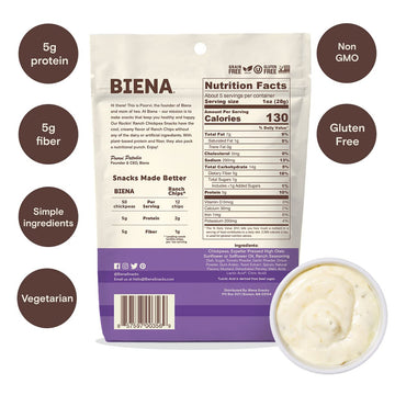 Biena Crispy Roasted Chickpea Snacks, Rockin Ranch, High Protein Snacks, High Fiber Snacks, Gluten Free, Plant-Based, Non-Gmo, H