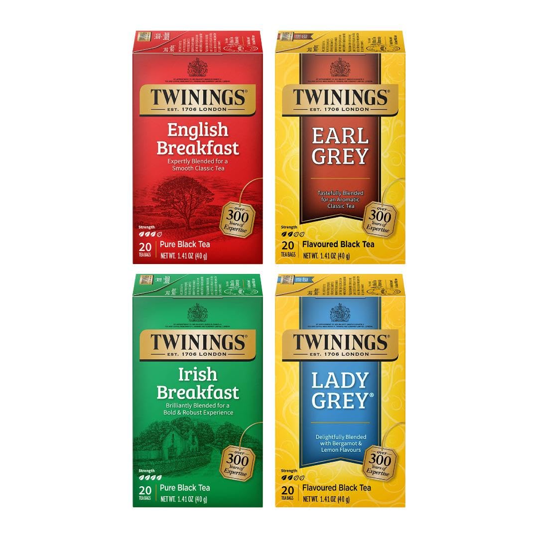 Twinings Variety Pack Black Tea Bags, Includes English Breakfast, Earl Grey, Irish Breakfast, & Lady Grey, Caffeinated Black Tea Bags, 20 Count (Pack Of 4), Enjoy Hot Or Iced