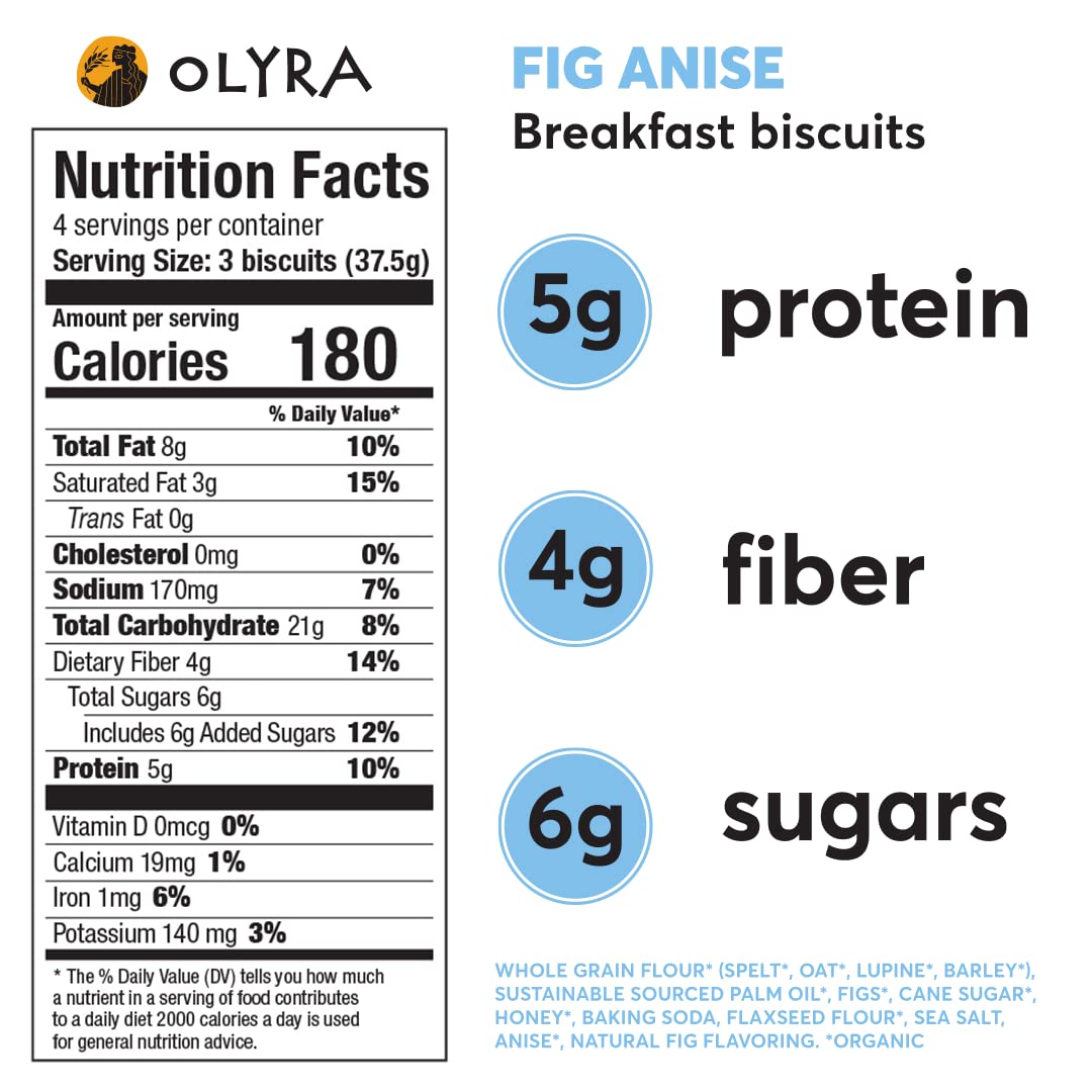 Olyra Organic Breakfast Biscuits Fig Anise | Healthy Snacks, Low Sugar, High Fiber, Plant Based Protein Cookies (1 Box of 4 Pack