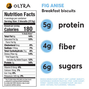Olyra Organic Breakfast Biscuits Fig Anise | Healthy Snacks, Low Sugar, High Fiber, Plant Based Protein Cookies (1 Box of 4 Pack