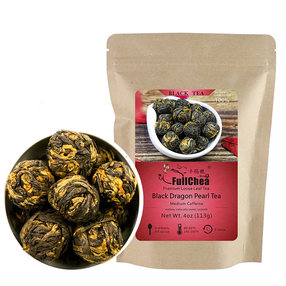 FullChea Black Dragon Pearl Tea - Special Yunnan Black Tea - Loose Leaf - Medium Caffeine - 4oz / 113g