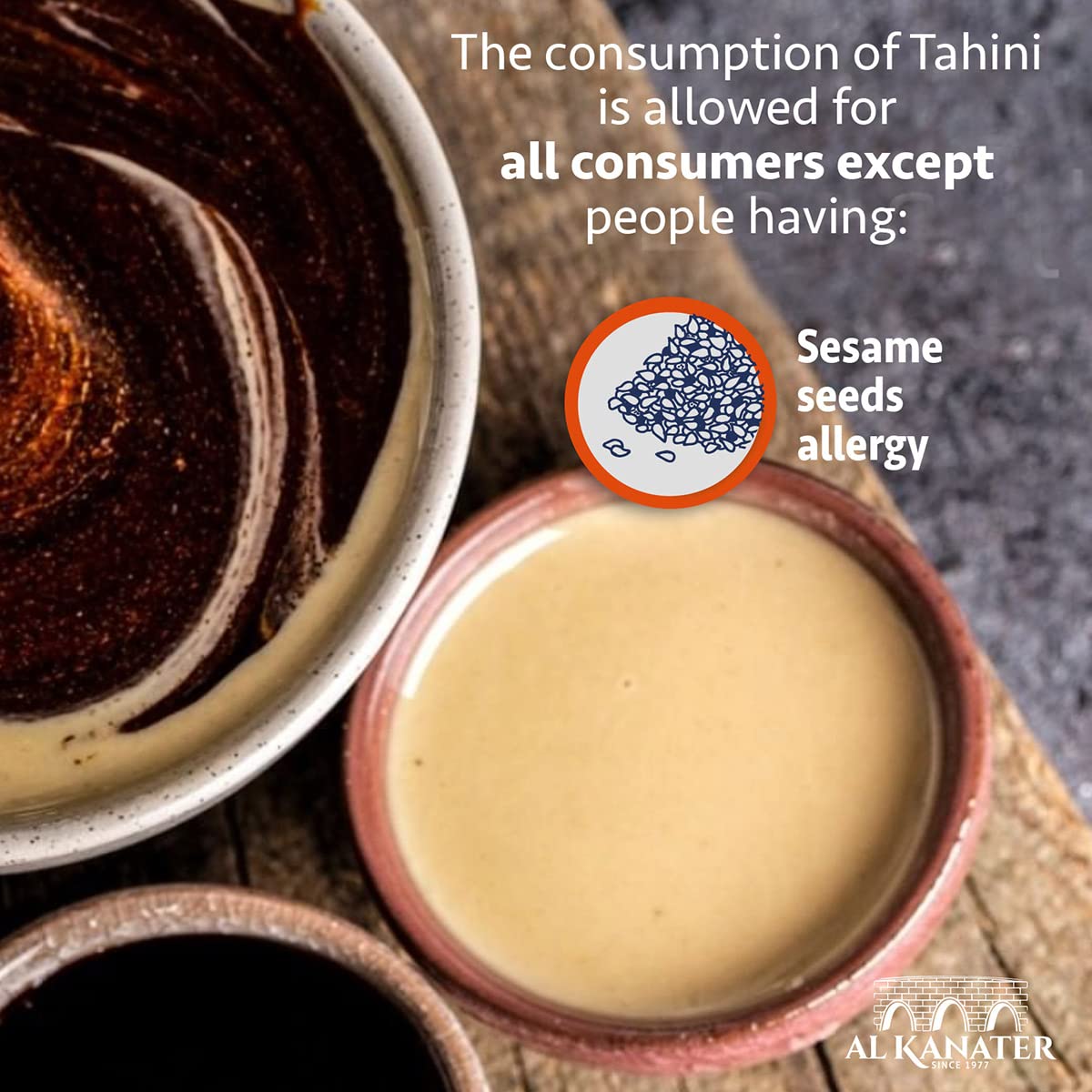 Al Kanater, Tahini Sesame Paste, 2 Lb (32 Oz), 100% Natural, 100% Ground Sesame Seeds, Absence Of Chemicals-No Whitening, Rich Creamy Taste For Hummus, Sauces, Baba Ghanouj And Halawa.