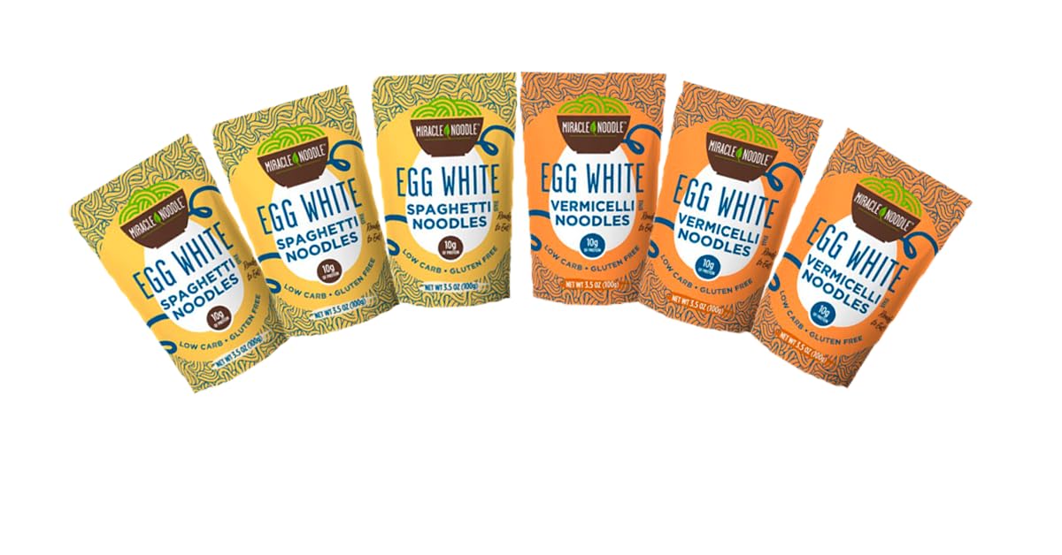 Miracle Noodle High Protein Egg White Noodles - Spaghetti & Vermicelli Variety Pack - Low Carb & Low Calorie - Ready to Eat - 3.