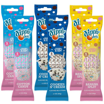 Dippin Dots Magically Flavored Milk Straws, Cotton Candy, Cookies n Cream, and Banana Split, 6-Pack Party Bundle (30 Straws) | 