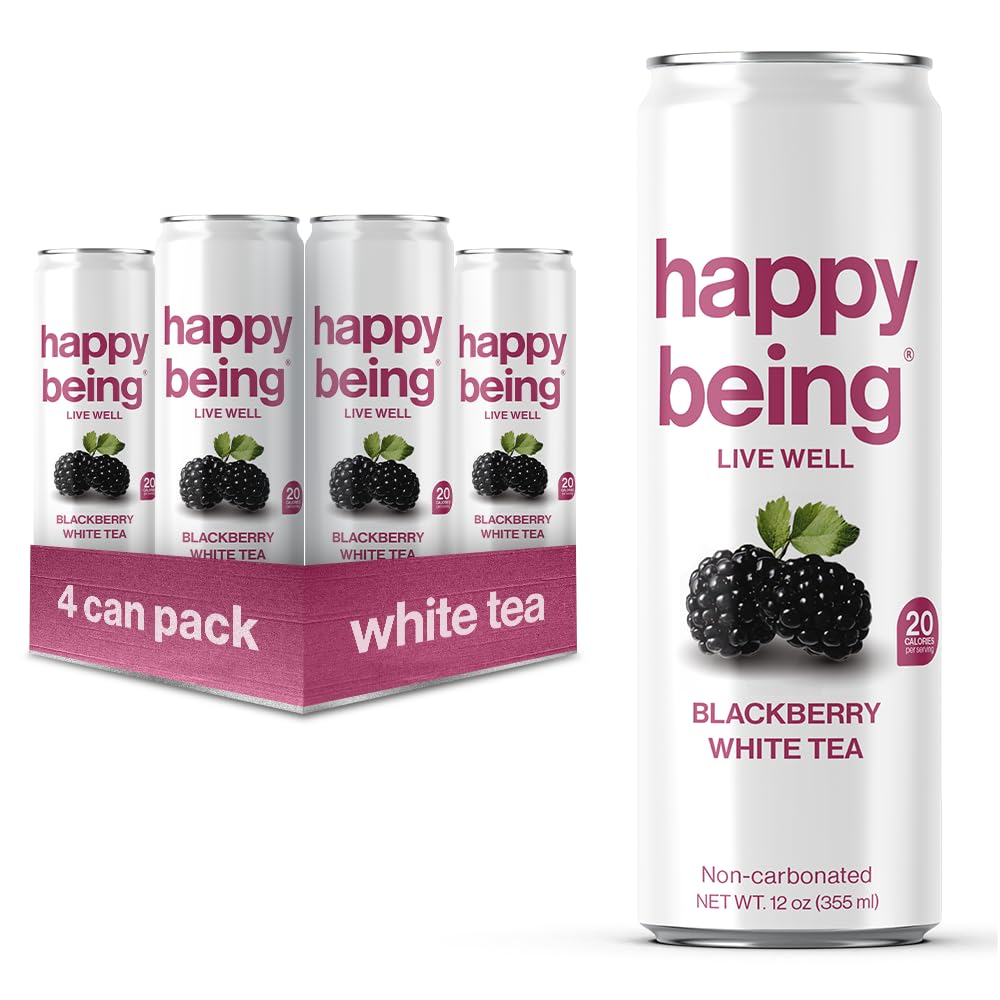 Happy Being Organic Blackberry Citrus White Tea, Turmeric & Elderberry Infusion, 12oz, 4 Pack, Caffeine-Free, Low Calorie, Plant-Based