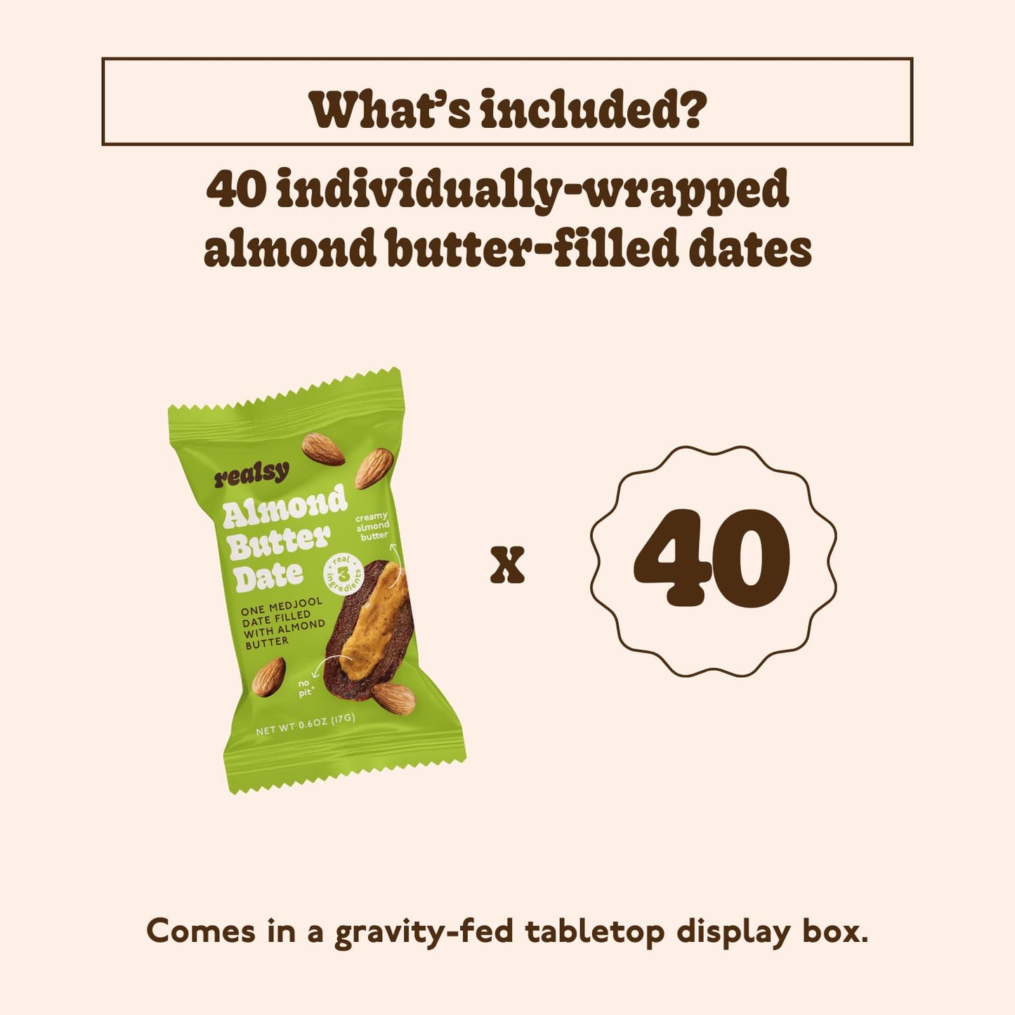 Realsy Medjool Dates - Organic, Gluten-Free, Vegan Snack, No Sugar Added, Single Wrapped (40 ct), Almond Butter