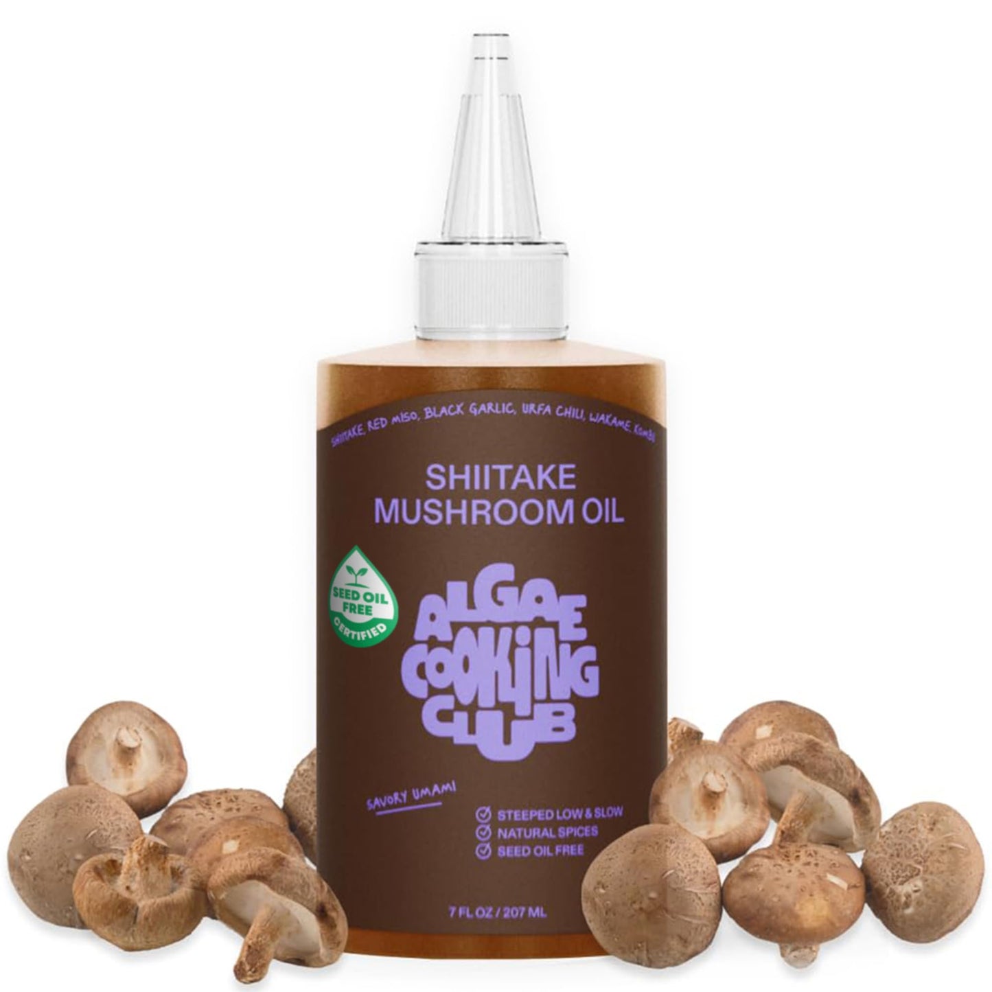 Algae Cooking Club Shiitake Mushroom Oil - Savory Umami Depth with Red Miso  Black Garlic & Urfa Chili - Infused with High-Oleic Algae Oils - Seed-Free Oil