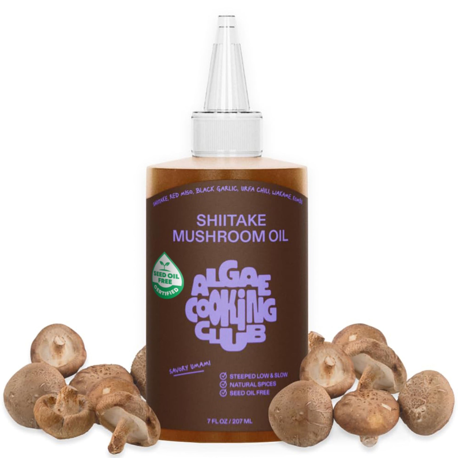 Algae Cooking Club Shiitake Mushroom Oil - Savory Umami Depth with Red Miso  Black Garlic & Urfa Chili - Infused with High-Oleic Algae Oils - Seed-Free Oil