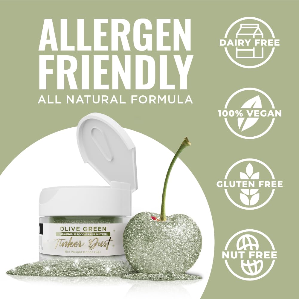 Bakell - Olive Green Tinker Dust (5G, 1X Jar) Edible Glitter For Food, Desserts, And Beverages!