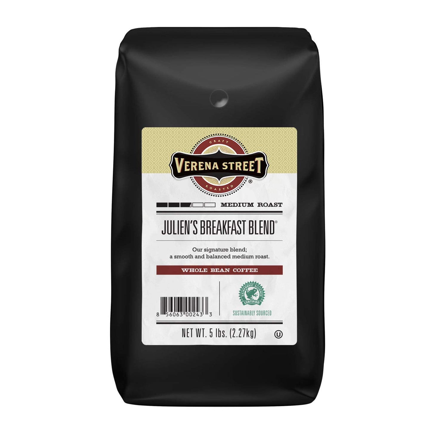 Verena Street Whole Bean Coffee, Medium Roast, Juliens Breakfast Blend, 5 Pound Pack
