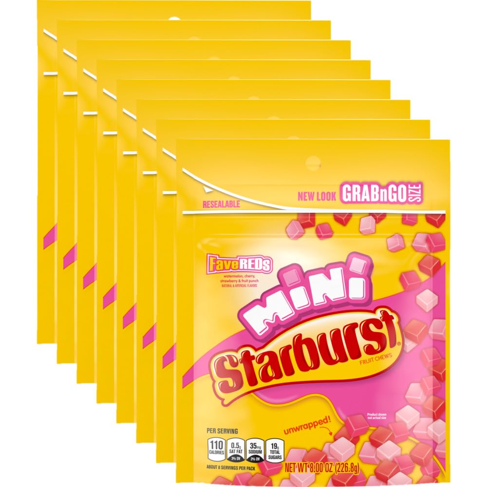 Starburst Fruit Chews Candy - Favereds Minis, 8Oz (Pack Of 8) - Delicious Starburst, Bulk Mini Candy, Bulk Box