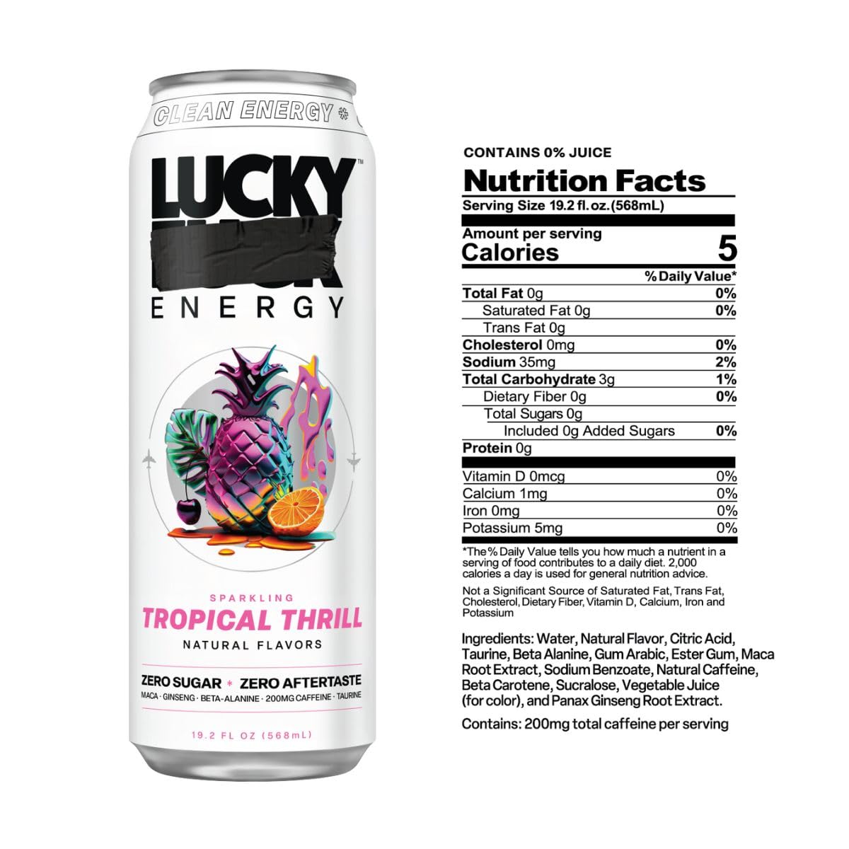 Lucky Energy Sugar Free Energy Drinks, Tropical Thrill, 19.2 Fl Oz Cans, Pack of 12, 200mg Caffeine