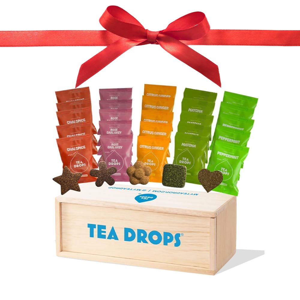 Tea Drops Holiday Sampler Box 25 Count | Organic Dissolvable Loose Leaf Tea | Iced or Hot | Microplastic-Free | Naturally Sweetened Organic Chai  Rose Earl Grey  Citrus Ginger  Peppermint  Matcha | 25 Servings - 5 Per Flavor