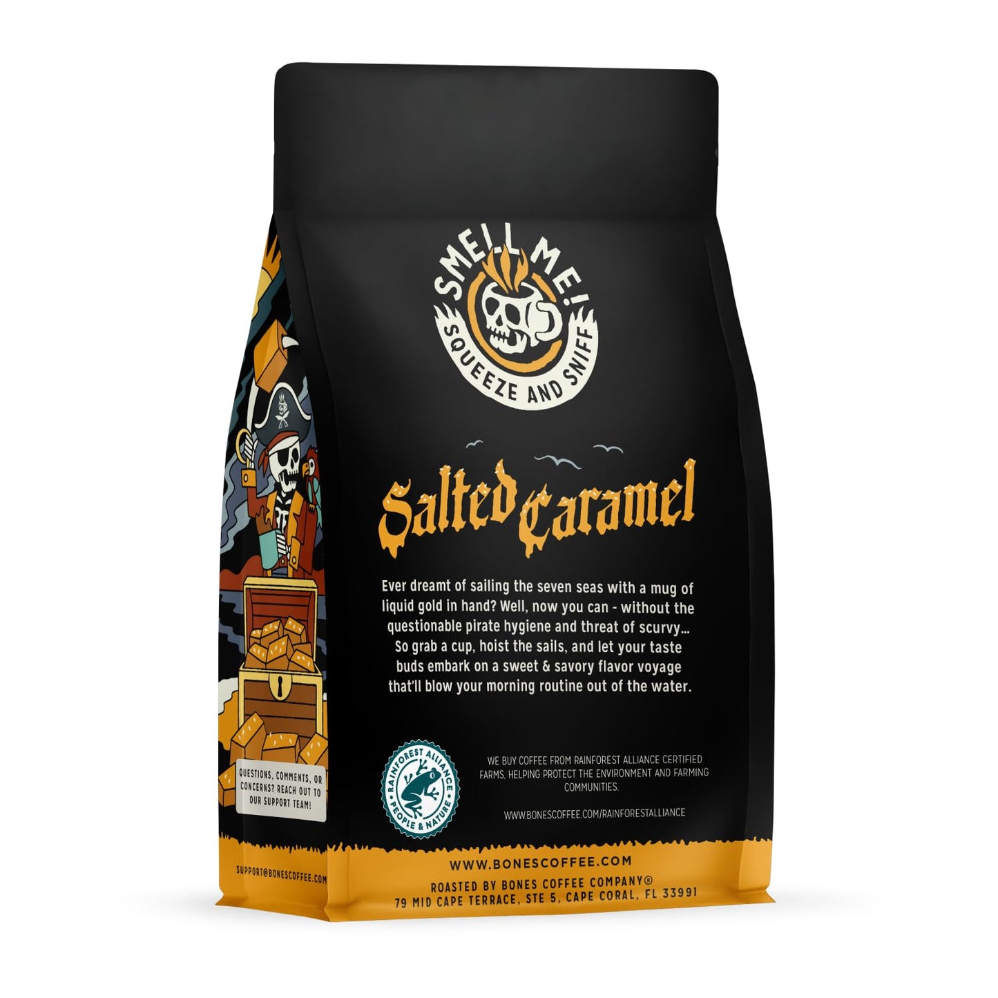 Bones Coffee Company Salted Caramel Flavored Coffee, Medium Roast Low Acid Arabica Beans Compatible with Auto drip and French Pr