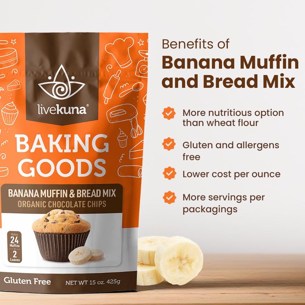 Livekuna - Banana Muffin & Bread Mix - Chocolate Chips Banana Flavoured Muffin Mixes For Baking, Great For Any Muffin & Banana B