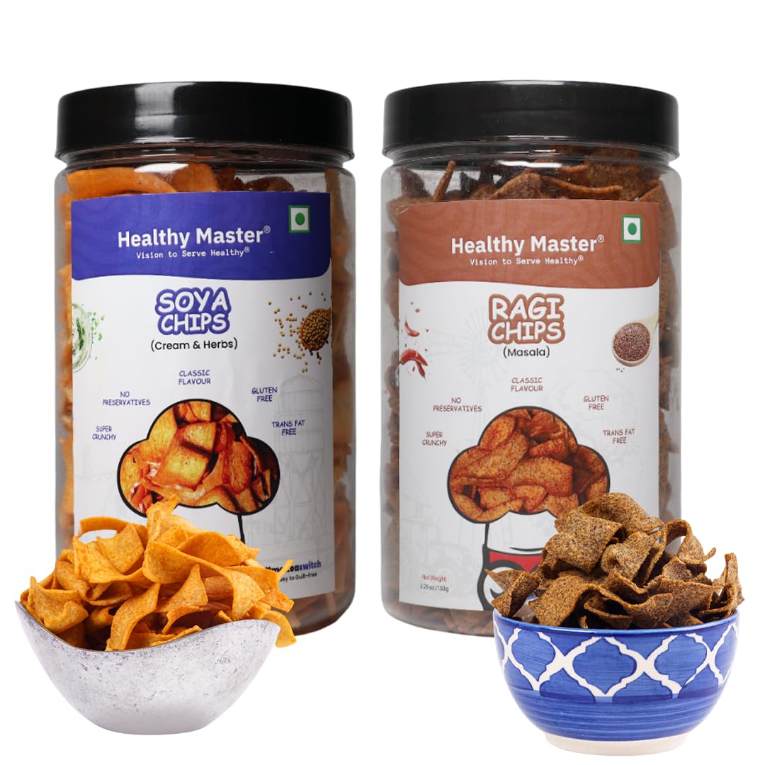 Healthy Master Soya Chips and Ragi Chips Pack of 2 (5.29 Ounces) Each - Indian Gluten-Free Savory Vegan Snacks for Adults & Kids