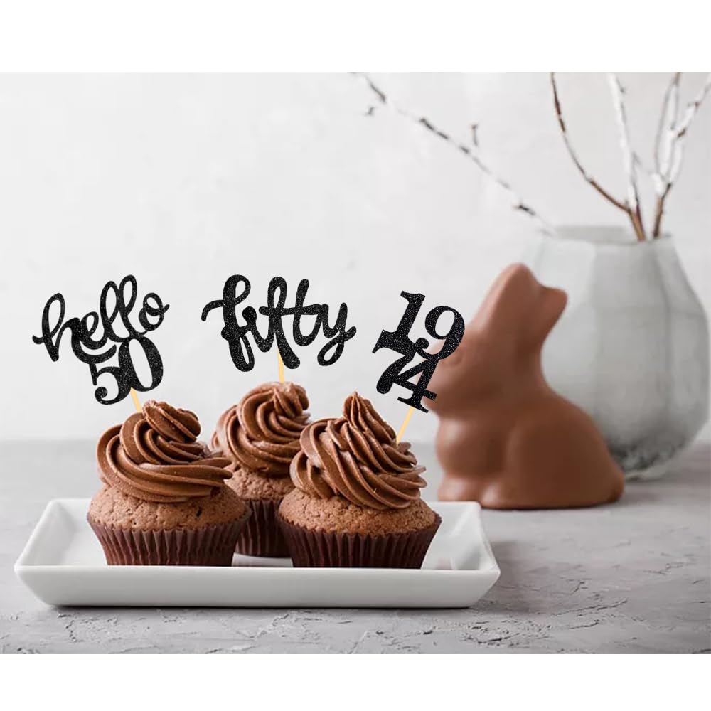24 Pcs Black Glitter 50Th Birthday Cupcake Toppers For 50Th Birthday Celebrating Party Decorations