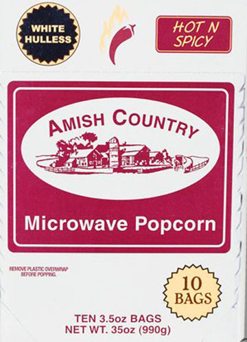 Amish Country Popcorn | Old Fashioned Microwave Popcorn | 10 Bags Hot N Spicy White Hulless | Non-GMO, Gluten Free, Microwaveabl