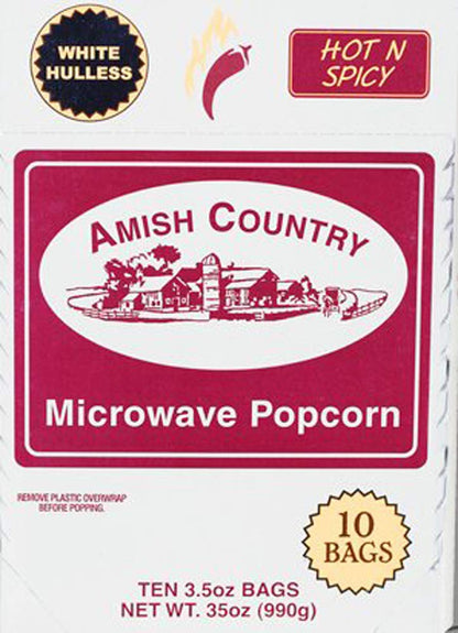 Amish Country Popcorn | Old Fashioned Microwave Popcorn | 10 Bags Hot N Spicy White Hulless | Non-GMO, Gluten Free, Microwaveabl