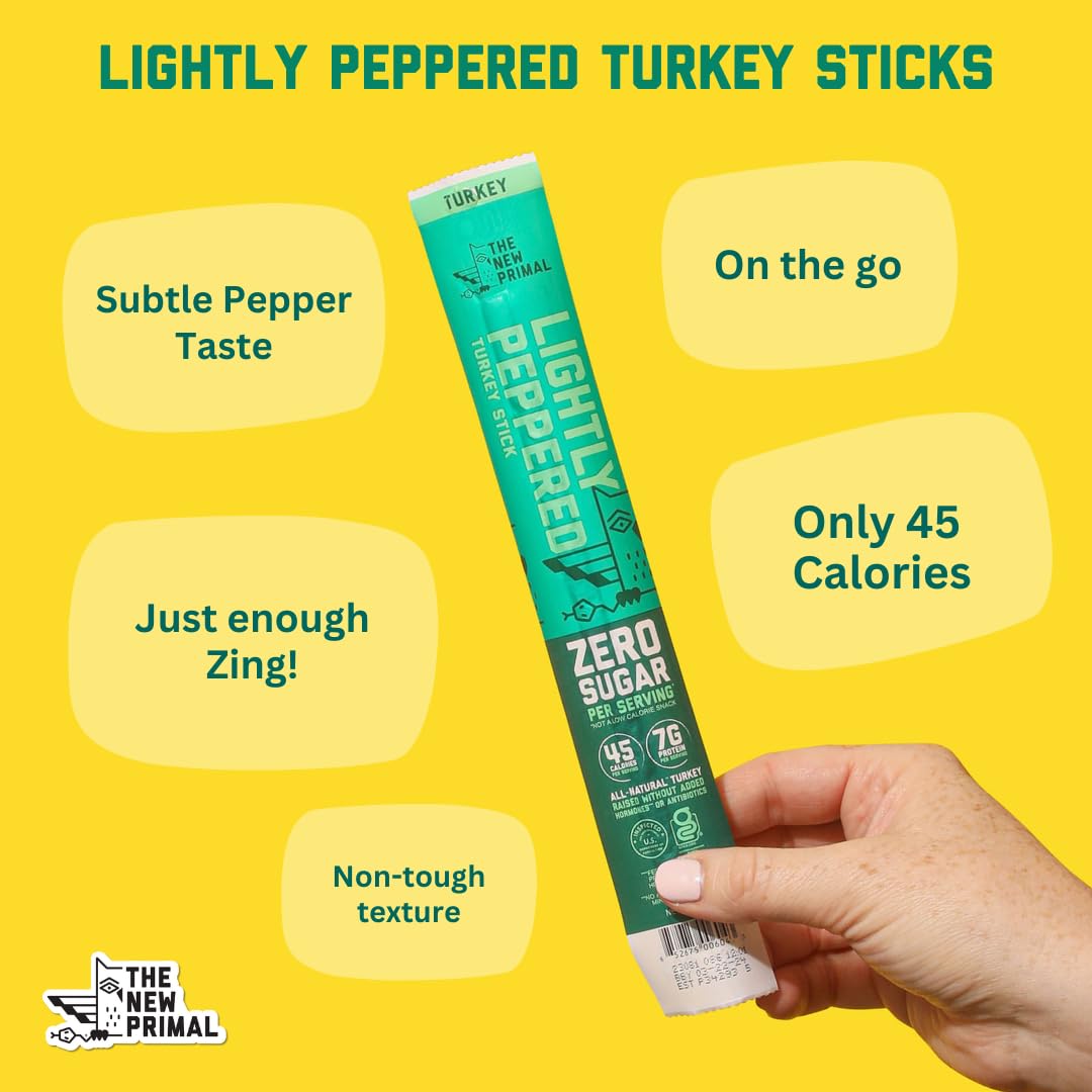 New Primal Lightly Peppered Turkey Sticks, Keto, Gluten Free Healthy Snacks, Sugar Free Low Carb High Protein, Jerky Meat Stick,