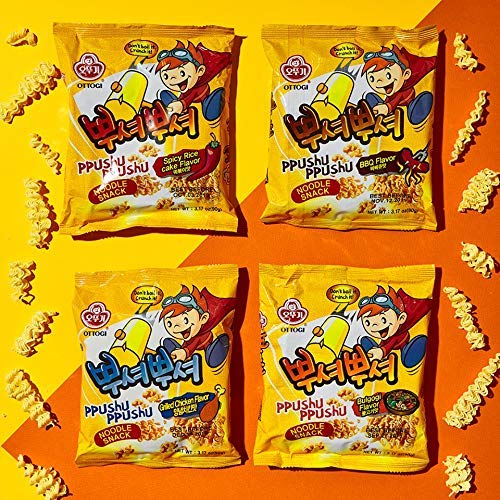 [Ottogi] Ppushu Ppushu Korean Ramen Snack Variety Pack, Crush To Eat Noodle,Bbq, Bulgogi, Grilled Chicken, Spicy Rice Cake Flavors, 3.17Oz (90G) X 8 Pack,Crunch & Shake Noodle Snack