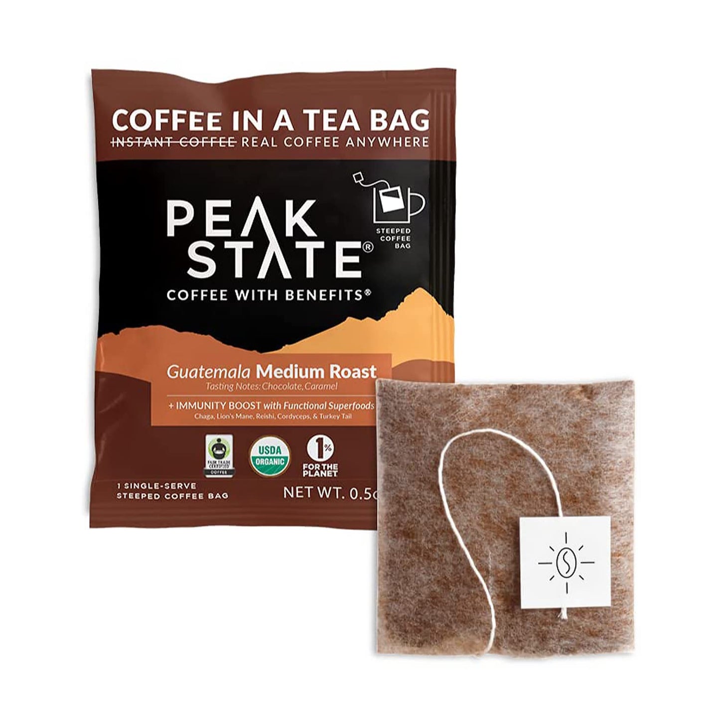 Peak State Mushroom Coffee - Medium Roast, Low Acid, Organic Whole Bean, 10 Single Serve Brew Bags, Dark Chocolate & Sweet Grape Flavor