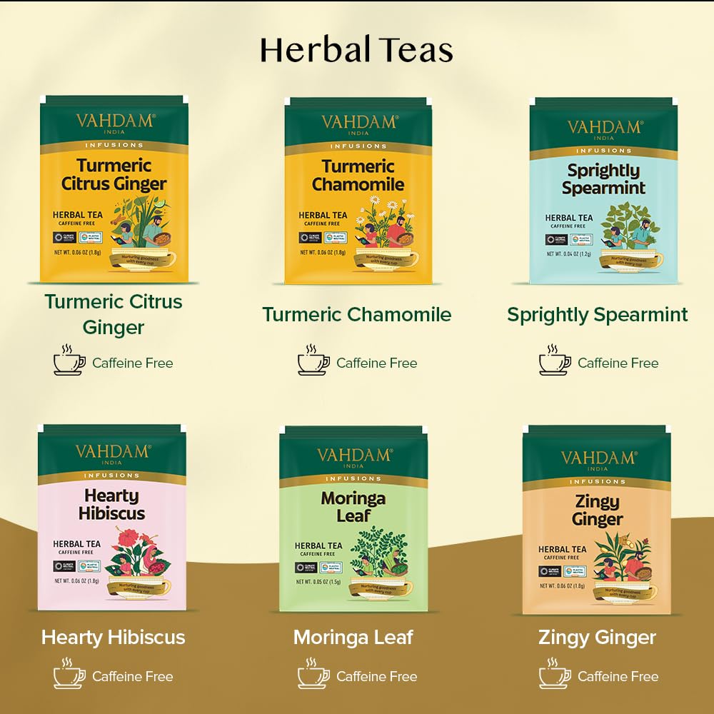 VAHDAM Herbal Tea Sampler - Caffeine-Free, Non-GMO, 36 Tea Bags, 6 Flavors, Assorted Tea Gift Set