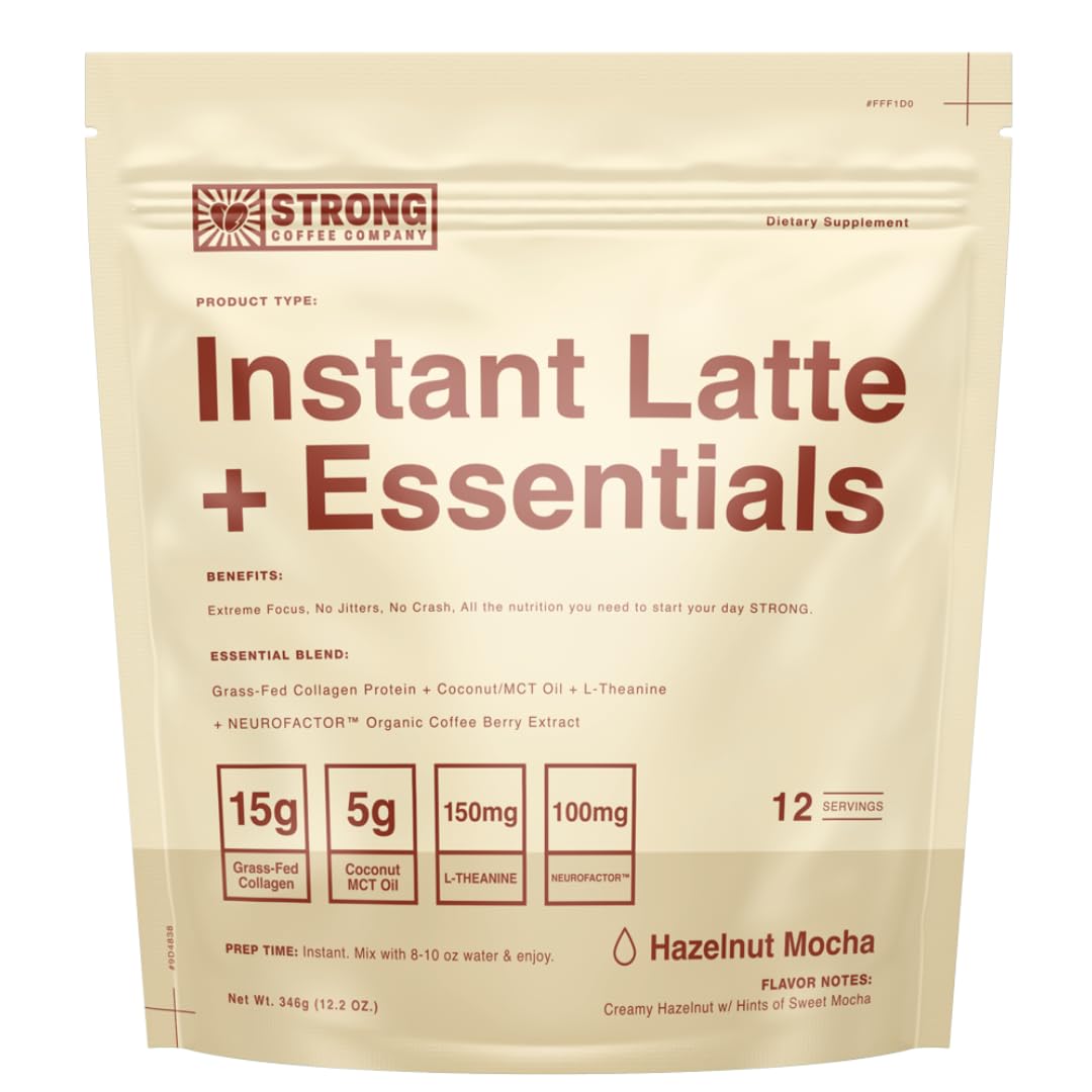 STRONG COFFEE COMPANY, INSTANT HAZELNUT LATTE - 12 Single Serving Packs, 15g Protein, Instant Protein Coffee with Collagen, Adap