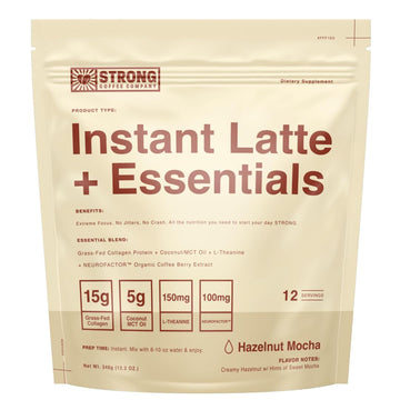 STRONG COFFEE COMPANY  INSTANT HAZELNUT LATTE - 12 Single Serving Packs  15g Protein  Instant Protein Coffee with Collagen  Adaptogens & Nootropics  No Crash  No Jitters