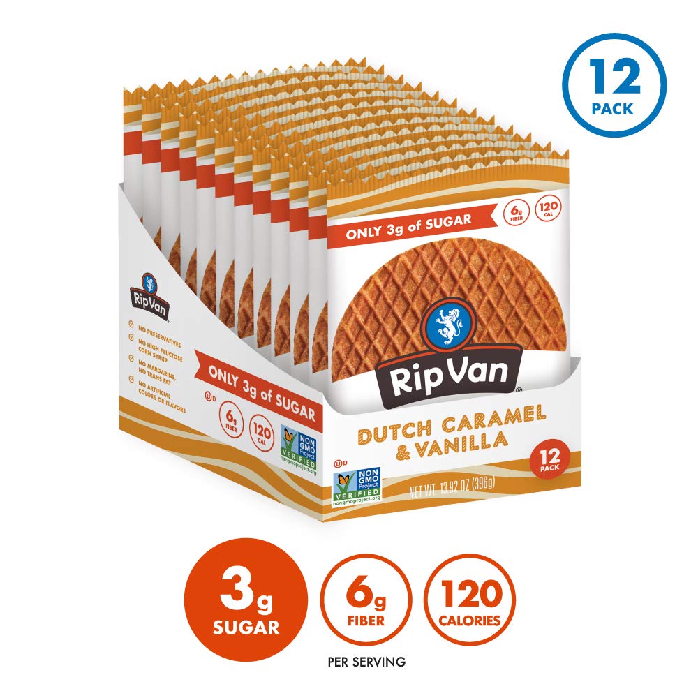 Rip Van Wafels Dutch Caramel & Vanilla Stroopwafels, Healthy Snacks, Non-Gmo, Low Calorie, Low Sugar (3G), Office Snacks, Keto Friendly, 12 Count