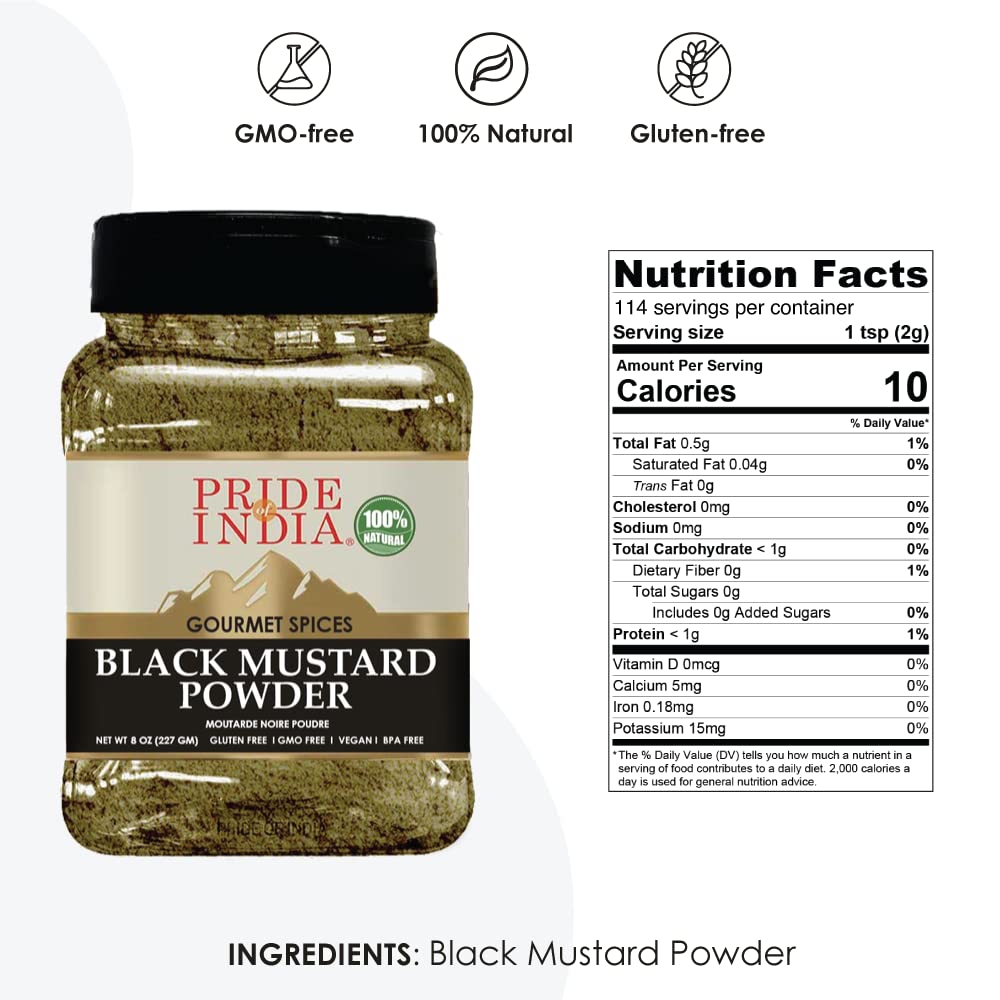 Pride Of India – Black Mustard Seed Ground – Perfect Ingredient In Spice Blends – Spice Up Pickles/Curries/Stews – Additives Free/Gourmet Spice – Easy To Store – 8 Oz. Medium Dual Sifter Bottle