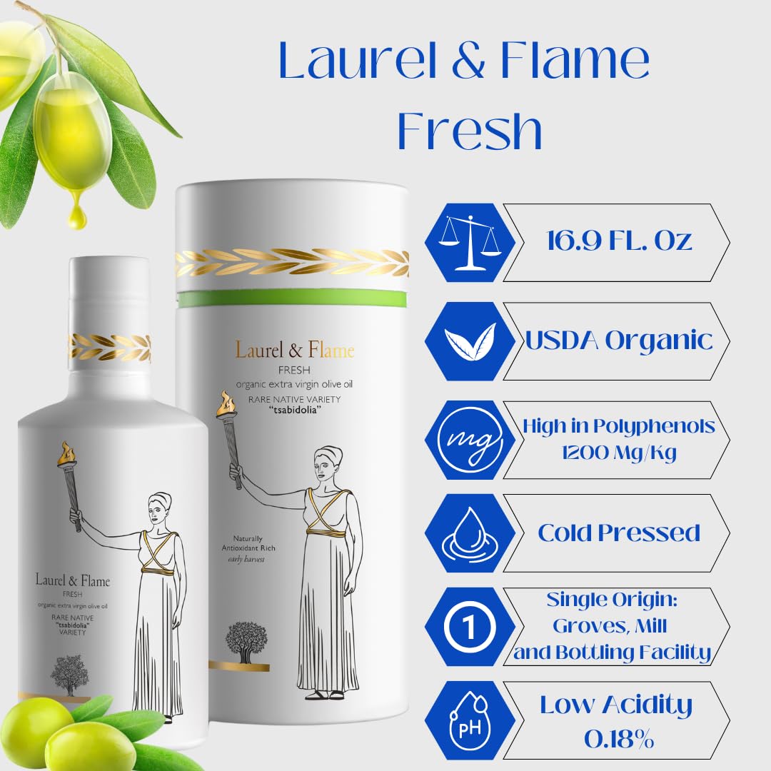 Laurel & Flame Fresh - Extra Virgin Olive Oil - ''Best Greek Olive Oil'' Award - Cold Pressed - Polyphenol Rich (1,212 Mg/Kg) -