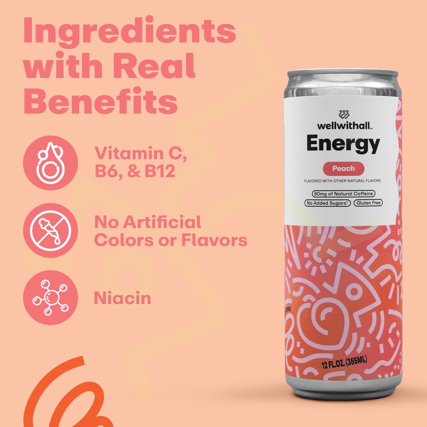 WellWithAll Energy Drink Variety Pack - Fruit Punch, Tropical Mango, Peach - 12 Fl Oz (Pack of 12) - Lightly Sparkling Beverage