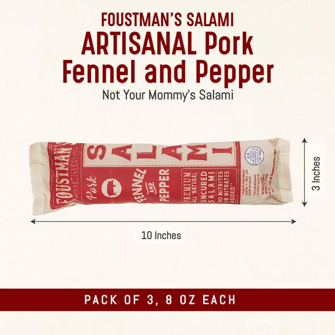 Foustman'S Salami Pork Fennel And Pepper Artisanal, Nitrate-Free, Naturally Cured, Gluten-Free, Dairy-Free, Pack Of 3, 8 Oz Each
