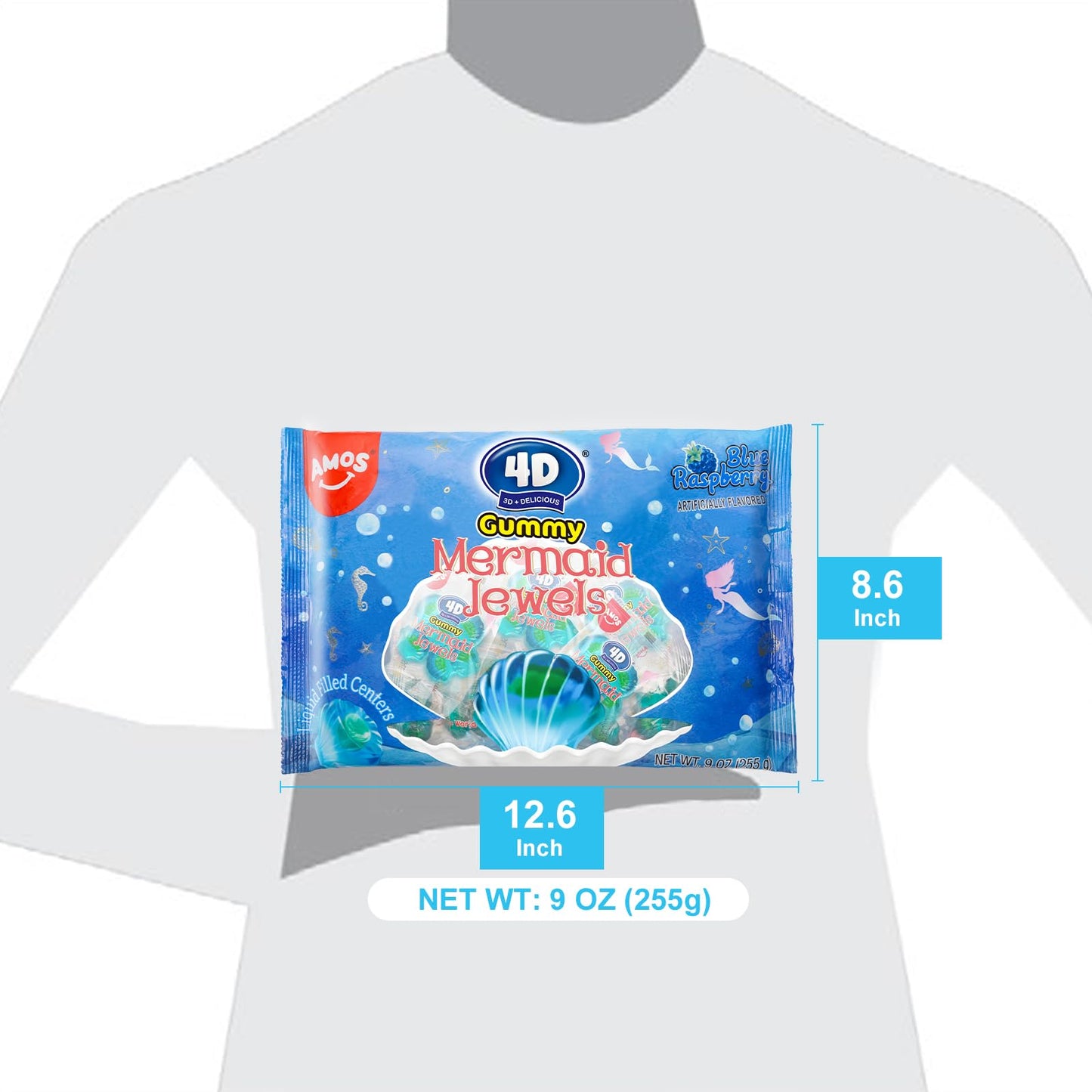 Amos 4D Mermaid Gummy Candy, Blue Raspberry, 9oz Individually Wrapped Mini Packs, Soft Jelly-Filled Seashell