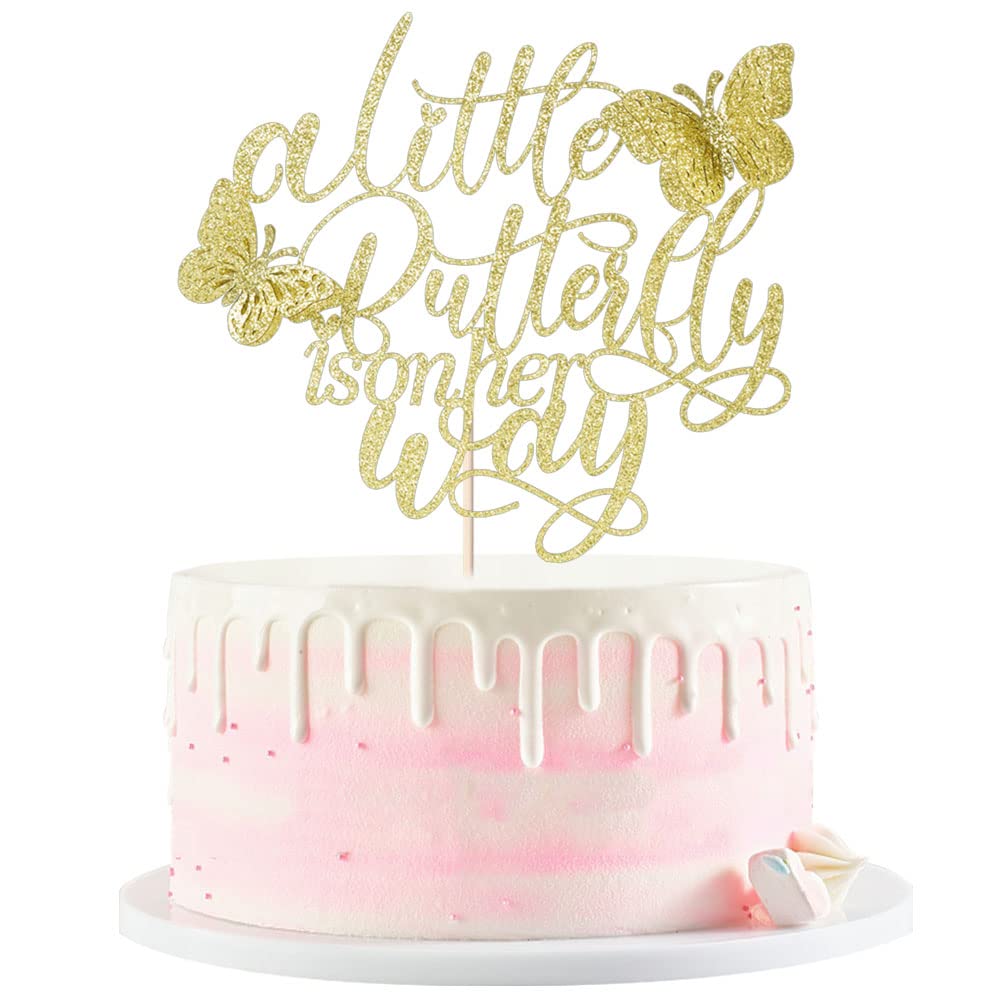 Kaoenla A Little Butterfly Is On Her Way Cake Topper - Maternity Use Announcement  Gender Reveal  Baby Shower  Newborn Welcome  Butterfly Themed Party Decorations (Gold)