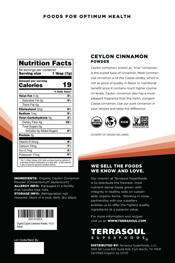 Terrasoul Superfoods Organic Ceylon Cinnamon Powder, 16 Oz, Premium Quality, Lab-Tested for Authenticity