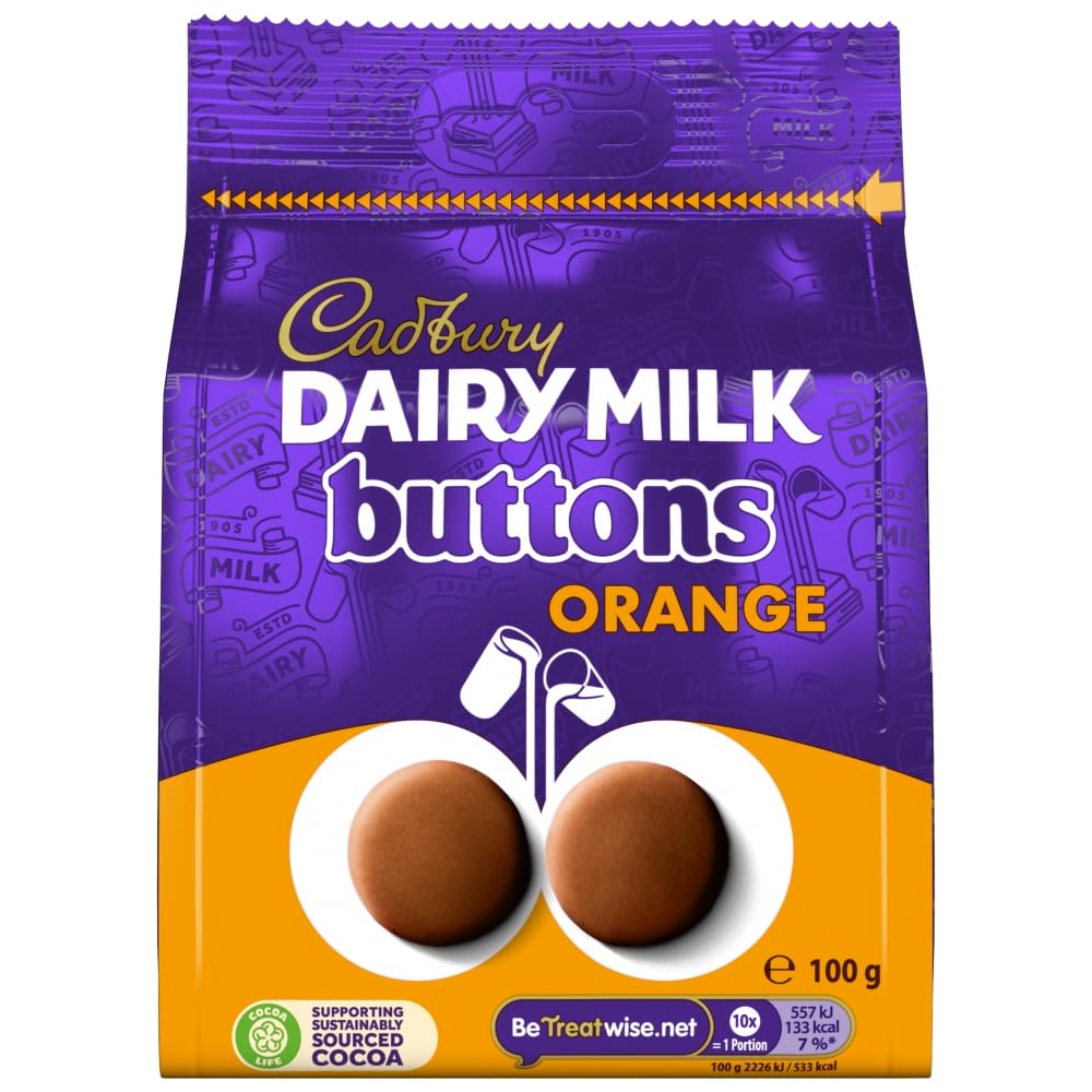 Cadbury Dairy Milk Chocolate Orange Flavour Giant Buttons, Sharing Bag, Bite Size Treats, 100 g Bag (Pack of 1)