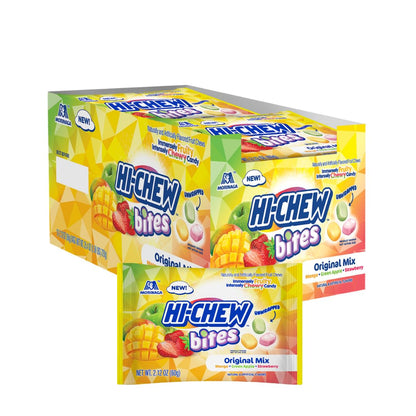HI-CHEW Bites Original Mix Bulk Candy, Pack of 12 Bags, 2.12oz each - Mango Green Apple Strawberry Chewlets - Unique Fun Soft & 