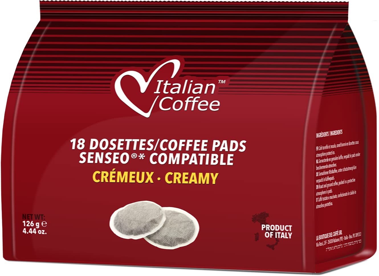 Italian Coffee Coffee Pads Compatible with Senseo, Creamy, 180 Pads, Red