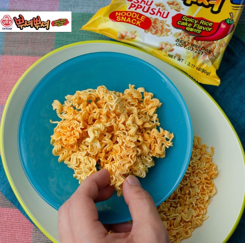 [Ottogi] Ppushu Ppushu Korean Ramen Snack Variety Pack, Crush To Eat Noodle,Bbq, Bulgogi, Grilled Chicken, Spicy Rice Cake Flavors, 3.17Oz (90G) X 8 Pack,Crunch & Shake Noodle Snack