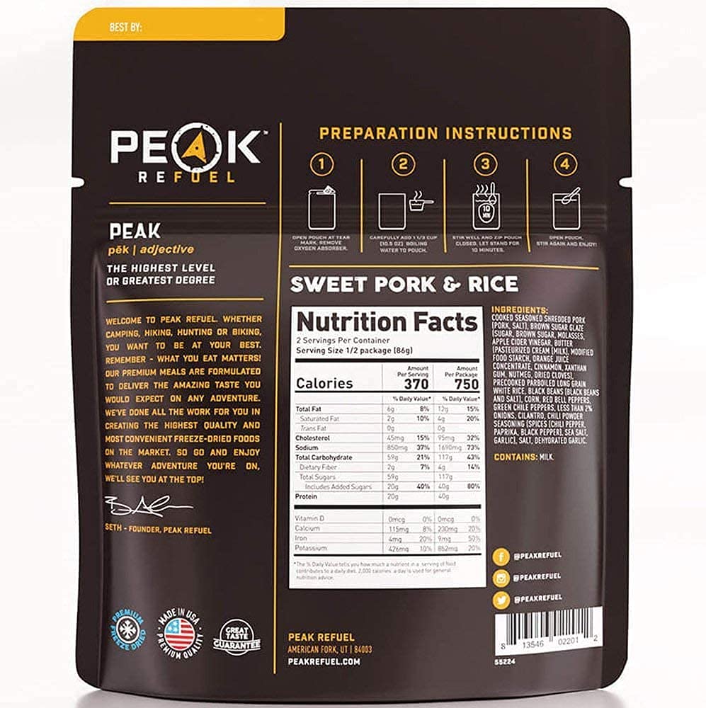 Peak Refuel Sweet Pork & Rice | Enhanced Freeze Dried Camping Food | Backpacking & Hiking Mre Meals | Just Add Water | 100% Real Meat | 40G Of Protein | 2 Serving Pouch