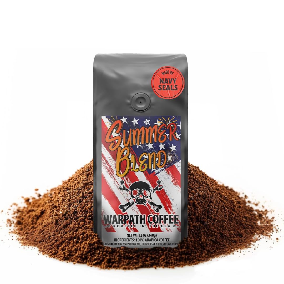 Warpath Coffee Medium Roast Ground Coffee, Summer Blend, High Caffeine, Extra Strong Roasted 100% Arabica Coffee Ground Beans, Caribbean Inspired Blue Mountain Blend, Created By Navy Seals, 12Oz