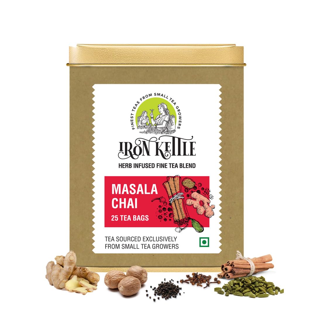 Iron Kettle Masala Chai | Enhanced Assam Ctc Tea Bag Blended With Natural Spices For Strong & Spicy Sweet Flavor | Sourced Limited Availabilityly From Small Tea Growers With Higher Fine Leaf Count | 25 Tea Bags