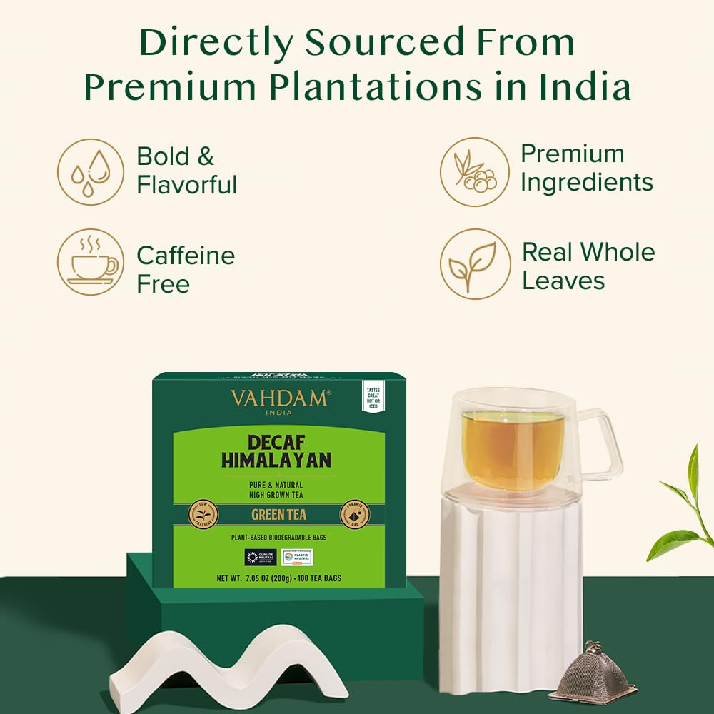 VAHDAM Decaf Himalayan Green Tea Bags - Caffeine Free, Non-GMO, Gluten Free, 100 Count, Resealable Ziplock Pouch