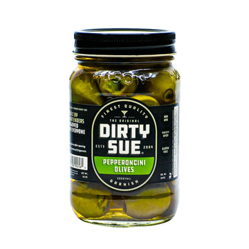 Dirty Sue Pepperoncini Stuffed Green Olives - 16oz Mason Jar | Perfectly Stuffed with Premium Pepperoncini | Imported From The F
