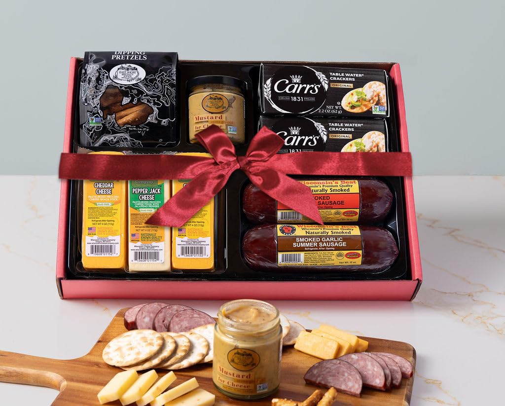 Wisconsin Cheese Company - Grand Cheese & Sausage Gift Box - 100% Wisconsin Cheddar & Pepper Jack Cheese, Sausage,  ers, Pretzel & Mustard | Perfect for Parties, Charcuterie Boards, and Holiday Gifts