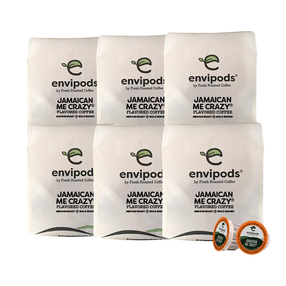 Fresh Roasted Coffee Jamaican Me Crazy Flavored Compostable Envipods, Medium Roast, 72 Count for Keurig K Cup Brewers